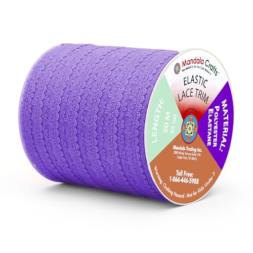 Mandala Crafts Purple Stretch Lace Soft Elastic Trim Roll - 55 Yards 1 Inch Wide Stretchy Frilly Picot Ribbon for Sewing Lingerie, Headbands, Underwear, and Crafts - color: Purple