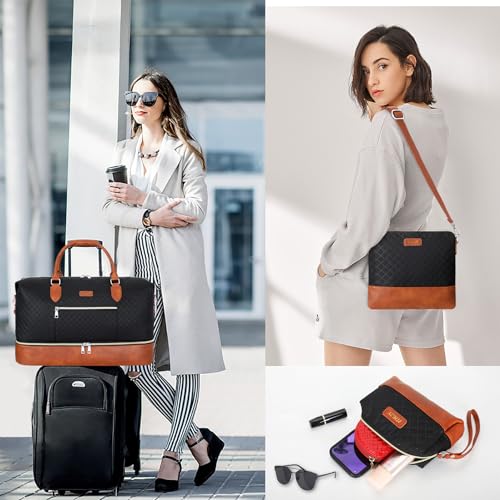 ITIEZY Weekender Overnight Bag for Women - Large Travel Duffel Bag with Shoe Compartment, Gym Duffel Bag Hospital Bag Carry On Tote Bags for Airplanes with Crossbody Bag Toiletry Bag 3Pcs Set - color: 4-Black