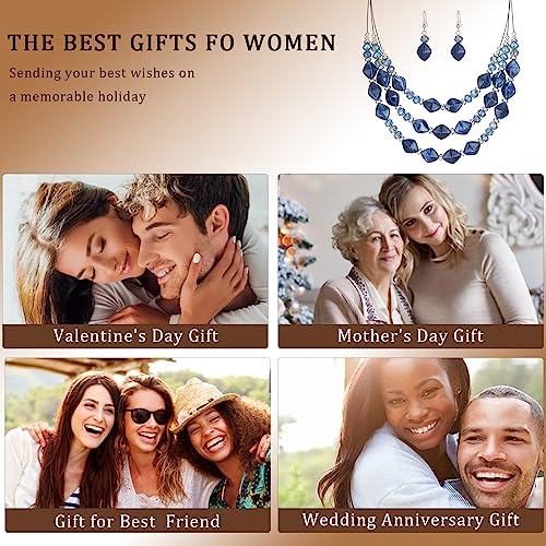 3 Layered Chunky Statement Necklace for Women Beaded Strand Necklaces with Earring Fashion Costumes Collar Necklace Jewelry Sets Gifts for Women - color: Blue
