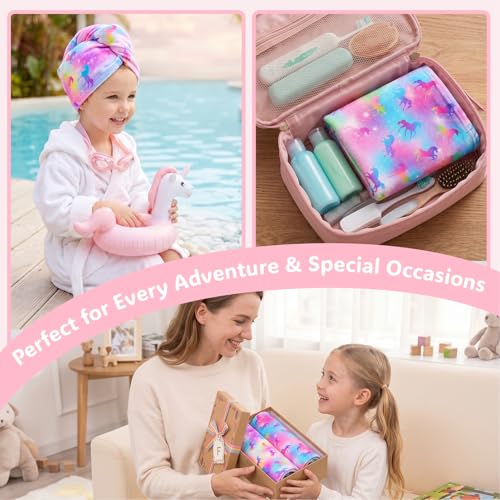 Basumee Microfiber Hair Towel Wrap for Kids 2 Pack Rapid Drying Hair Towel with Button Hair Turbans for Wet Hair Wraps Head Towel Wrap for Women and Girls, Colorful Unicorn - color: Colorful Unicorn