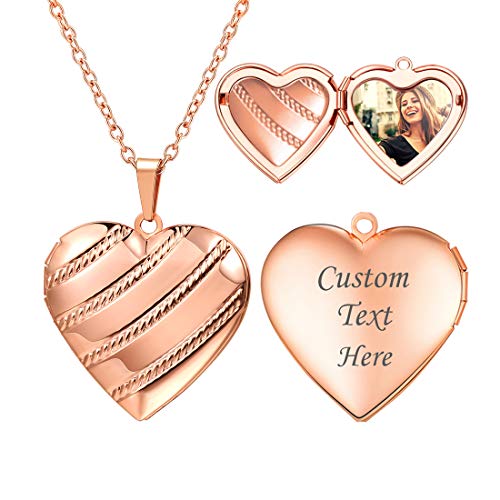 U7 Women Locket Necklace Platinum 14K Gold Photo Lockets that Hold Picture,Chain 20 Inch Personalized Gift Custom Love Heart Image Necklaces - color: 05# Rose Gold Stripe