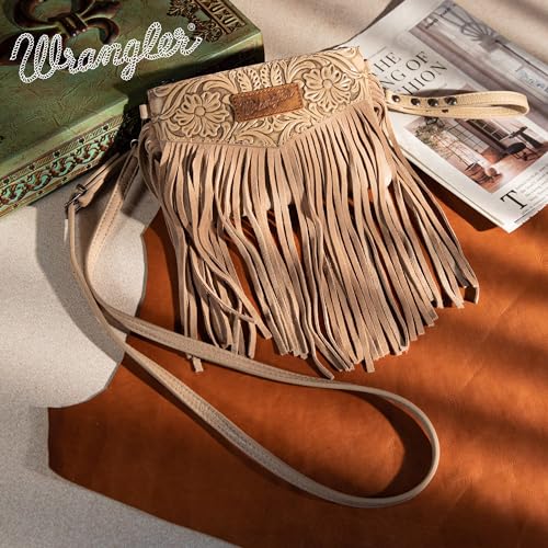 Wrangler Crossbody Small Purse for Women Wristlet Fringe Bag Western Purse - color: Angel Khaki