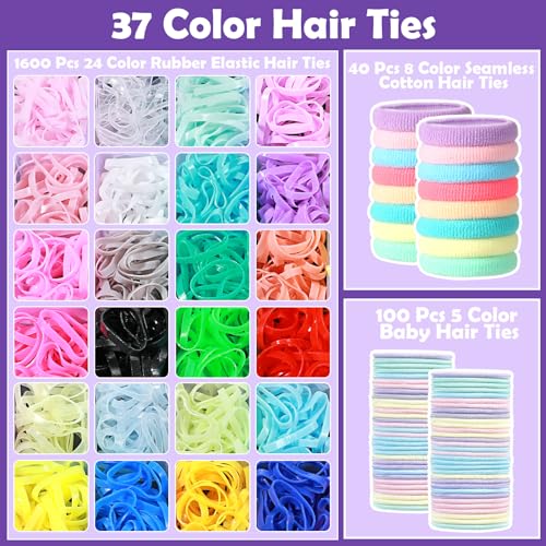 Auroray Hair Accessories for Girls, 1784 Pcs Elastic Ties Set 24 Color Rubber Bands With Organizer Box Cotton Baby Ties Styling Tool Set Clips Elastic Cutter Scissor