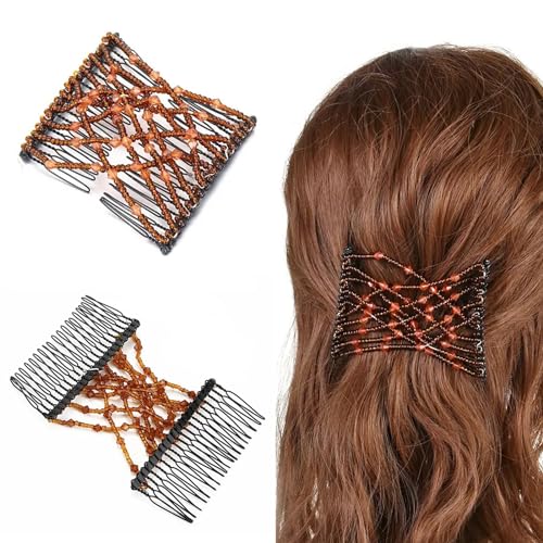 5 Pieces Stretchy Beaded Hair Accessories - Adjustable Elastic Clips, No Crease Pins for Curly Thick Wavy Hair Ponytails, Vintage Bun Makers for Women and Girls - color: Black,Red,Brown,Pink,Blue