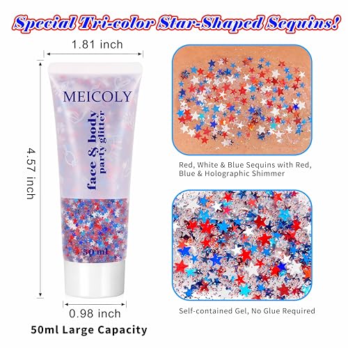 MEICOLY 250th Red White and Blue Patriotic Face Glitter,USA Flag Star Body Glitter Gel,Hair Glitter for 4th of July Outfits for Women, Fourth of July Accessories for Independence Day - color: USA Red White Blue
