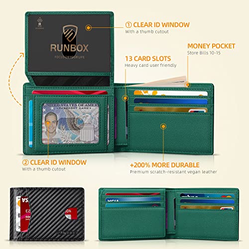 RUNBOX Wallet for Men -Slim Rfid Leather Mens Bifold Novelty Wallets 2 ID Window With Gift Box Men's Accessories | Slim - color: Carbon black&green-new