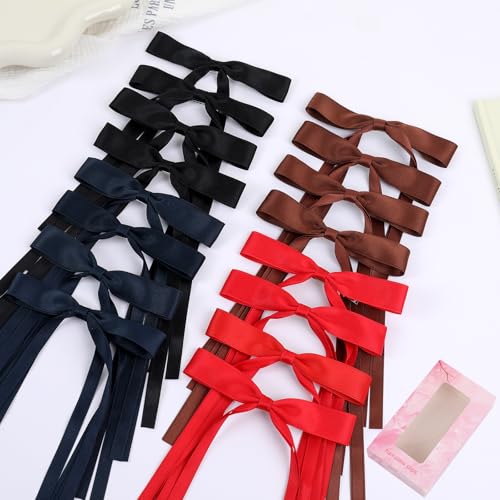 WORTL Hair Bows Clips Coquette Ribbon Bowknot with Long Tail Princess Hair Bows French Barrettes Hair Accessories for Women Girls 16PCS (Red, Brown, Dark Blue, Black) - color: Red, Brown, Dark Blue, Black