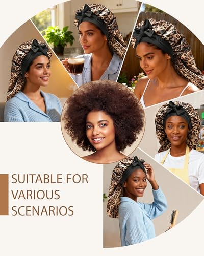 AWAYTR Long Satin Bonnet for Braids - Elastic Silk Hair Bonnets for Sleeping Night Cap Stretchy Tie Band for Women（Leopard） - color: Leopard