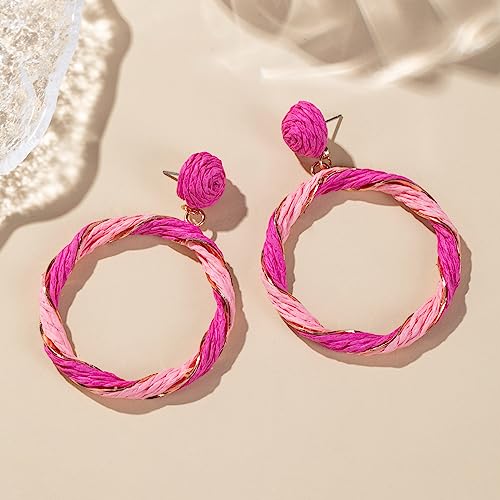 Boho Raffia Hoop Dangle Earrings Twisted - Statement Rattan Round Geometric Earrings For Summer Beach Vacation - color: HOT PINK