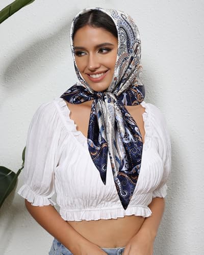 AWAYTR 35” Satin Head Scarf for Women Like Silk Scarf for Hair Scarf Satin Hair Bandana Women Headscarf Hair Wrap Scarf Neck - color: Navy Blue