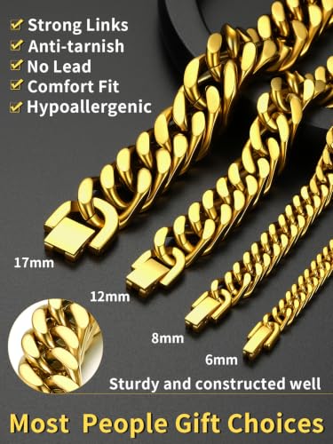 ChainsHouse Stainless Steel Cuban Link Bracelet, 8mm/12mm/17mm Width, 7.5"/8.3"/9", 18K Gold Plated Chain Wrist Bracelets for Men Women, Send Gift Box - color: M: Gold-6mm width