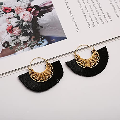 Tassel Hoop Earring Statement Thread Dangle Earrings Stylish Long Fringe Drop Earrings Lightweight Long Swingy French Hook Earrings for Women - color: B Black