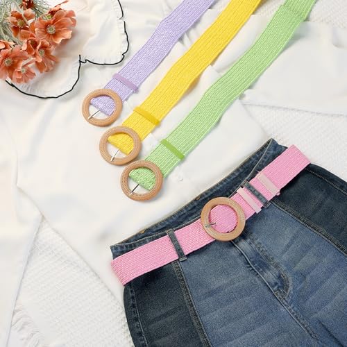 Women's Cotton and Linen Style Plastic Straw Braided Belt Circle Buckle for Dresses - color: Yellow