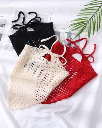 AWAYTR Crochet Head Scarf Hair Bandanas Women Knit Bandana Headband Scarf Tie-Back Head Coverings Floral Headscarf - color: Solid Color - Black + Beige + Red