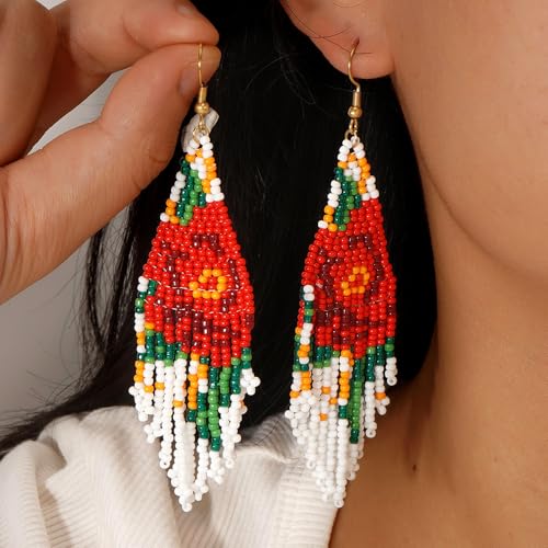 Bohemian Beaded Long Tassel Dangle Earrings for Women, Handmade Jewelry White Tarnish Resistant Lightweight Design, Stylish Accessory for Beach Vacation Party and Gift - color: colors-3
