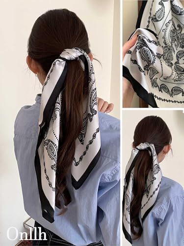 Silky Scarf for Women Lightweight Satin Bandanas Neck Hair Wrap For Sleeping Head Scarves 27.5" - color: A16 Black Spiral/27.5"