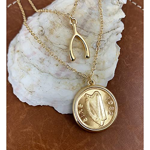 American Coin Treasures Pendant Irish Half Penny Coin Necklace- Double Strand 18&16 Inch Cable Chain- Goldtone Bezel- Harp Obverse Side