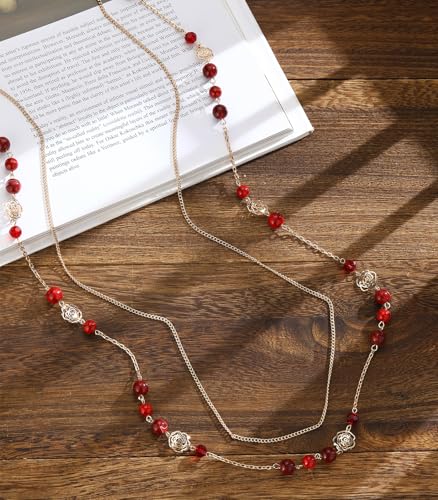 FULU AUTUMN Boho Gold Long Necklaces for Women Natural Stone Beaded Layered Long Necklace Mothers Day Gifts Dainty Flower Costume Jewelry for Women - color: Red