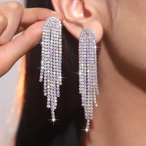 Rhinestone Tassel Earrings Sparkly Long Fringe Crystal Chandelier Dangle Drop Earrings Wedding Party Prom Earrings Premium Iridescent Earrings Wedding Party Jewelry Gifts for Women - color: Silver1