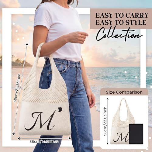 Shinylin Personalized Crochet Tote Bag for Beach Women Beige Mesh Knit Shoulder Bag Boho Aesthetic Tote for Women - style: Letter M