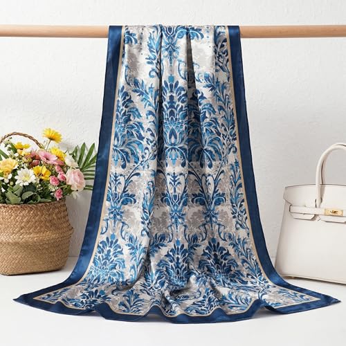 Pistha Head Scarf Bandana for Women, Satin Scarf for Hair, Large Square Silk Bandana Headscarf for Women and Men 35 Inch - style: Flower-blue