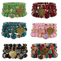 Bohemian Bracelet Sets for Women - 4-Pack Stackable Stretch Bead Bracelets with Black＆White Crystal & Gold Accessories, Multi-Layer Boho Jewelry - color: 6Pack-D