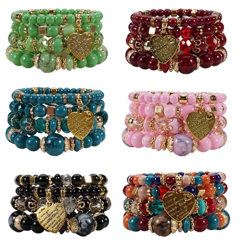 Bohemian Bracelet Sets for Women - 4-Pack Stackable Stretch Bead Bracelets with Black＆White Crystal & Gold Accessories, Multi-Layer Boho Jewelry - color: 6Pack-D