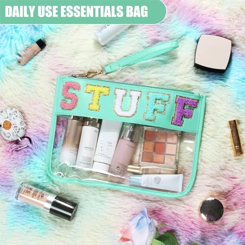 BuyCard Clear Stuff Bag for Travel, Preppy Chenille Letter Embroidered Zipper Pouch, Waterproof PVC & PU Leather Clear Cosmetic Bag, Toiletry Makeup Bag for Women Girls Mint Green - color: Green-Stuff