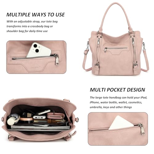 TANTOMI Tote Bag for Women Vegan Leather Purses and Handbags Ladies Waterproof Big Shoulder Bag for Travel - color: Pink-side Pockets