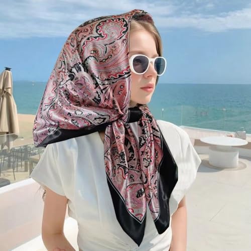 Hexchasty 35”Head Scarf Satin Silk Like Hair Scarf Large Square Head Scarves Bandana Head Wraps Headscarfs for Women Green - color: C-pink Black