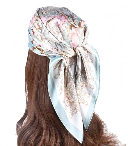 MINIDORA Satin Scarves for Women 27.5 × 27.5 inches Medium Square Elegant Silk Feeling Head Scarf - color: C008-light Blue