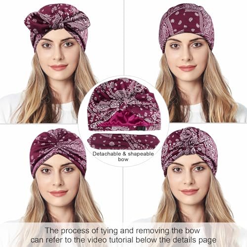 Ababalaya Satin Lined Beanies for Women Chemo Headwear Silky Lined Cotton Sleeping Cap - color: Red（burgundy ）