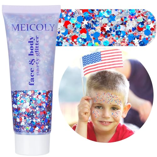 MEICOLY 250th Red White and Blue Patriotic Face Glitter,Fourth of July Star Hair Glitter,4th of July Outfits for Women,USA Flag Body Glitter for Independence Day Veterans Day - color: Glory Red White Blue