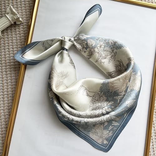 FONYVE 100% Mulberry Silk Scarfs for Women-Lightweight Square Satin Head Scarf-Small Silk Hair Scarf for Sleeping 21"x21" - color: 12 Blue Chrysanthemum