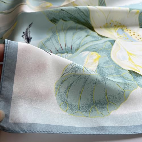 FONYVE 100% Mulberry Silk Scarfs for Women-Lightweight Square Satin Head Scarf-Small Silk Hair Scarf for Sleeping 21"x21" - color: 11 Green Lotus