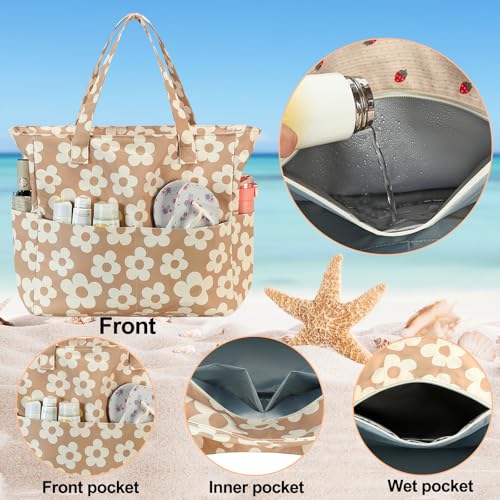Bluboon Waterproof Beach Tote Pool Bags for Women Ladies Extra Large Carry On Bag With Wet Compartment for Weekender Travel - color: Beige Floral 157