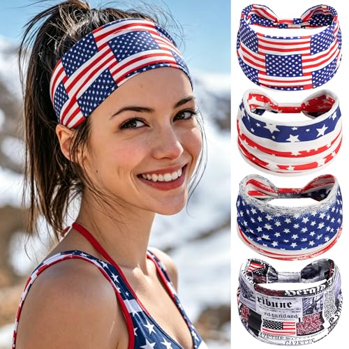 4th of July Headbands for Women 4 Pack American Flag Wide Twist Knotted Head Bands Elastic Stretchy Hair Bands Wraps Independence Day Festival Turbans Yoga Workout Hair Accessories - color: Red+Blue+White