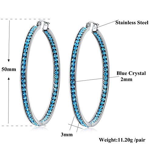 CiNily Mult-colors Crystal Stainless Steel Hoop Earring for Women Hypoallergenic Jewelry for Sensitive Ears Large Big Hoop Earrings 2" - color: Blue