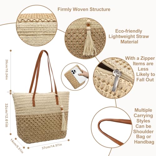 YAMEIZE Straw Woven Beach Shoulder Bags for Women Big Foldable Straw Tote bag Lightweight Raffia Bag with Zipper Summer - color: Multicolor