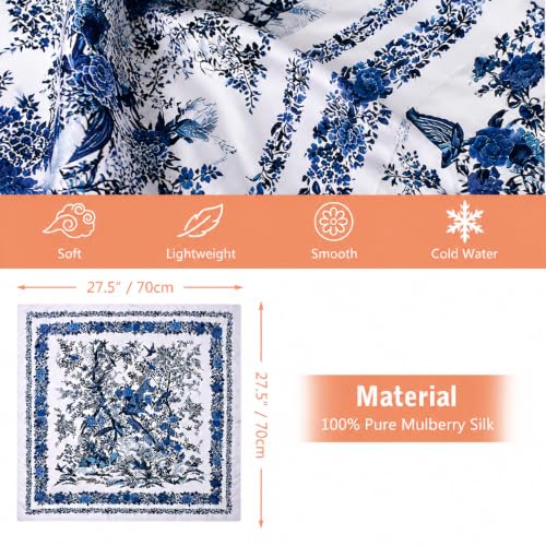 Stlvoll 100% Silk Head Scarf for Women - 27" Hair Scarves Satin Bandanas Square for Night Sleeping with Gift Packed - color: Flower/Navy Blue