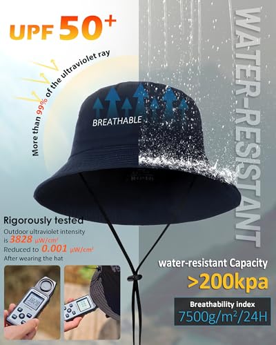 Water-Resistant Bucket Hat for Women Men Rain Hat UPF 50+ Boonie Sun Hat Foldable Summer Floppy Fishing Safari Hats - color: Navy Blue
