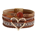 Womens Multi Layer Heart Leather Wrap Bracelet Boho Stackable Cuff Bangle Magnetic Clasp Crystal Birthday Valentine Gift - color: Brown