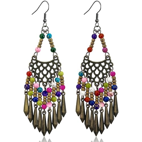 Handmade Vintage Bronze Bohemian Long Tassel Colorful Bead Dangle Drop Earrings Big Tribal Chandelier Geometry Hook Earrings for Women Statement Jewelry Gifts - color: Color