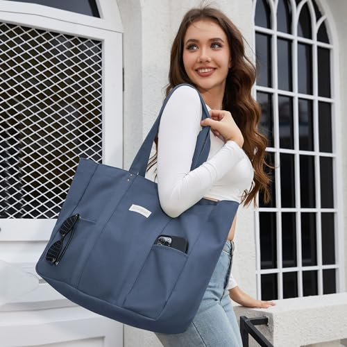 HOMESPON Large Canvas Tote Bag for Women Everything Bag with Pockets and Laptop Sleeve - color: Blue