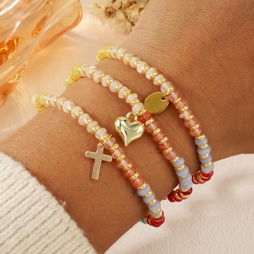 Colorful Beaded Bracelets for Women Boho Multicolor Gold Plated Beads Bracelet Adjustable Statement Bracelet Gift Summer Beaded Jewelry