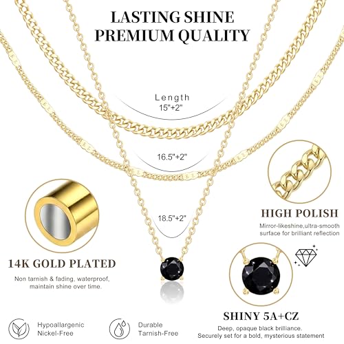 WomenGifts Layered Gold Necklaces for Women, 14K Gold Sterling Silver Plated Dainty Pendant Necklace Set Non Tarnish, Chunky Stackable Cuban Chain Choker, Trendy Birthstone Vacation Jewelry Gift - color: Gold, style: Cubic Zirconia-Created Black Diamond