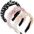 WILLBOND 3 Pieces Pearl Knotted Headbands for Women Velvet Top Knot Head Bands Pearls Hair Hoop for Woman Hair Accessories (Beige, Pink, Black) - color: Beige, Pink, Black