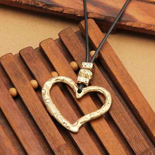 Bohemian Women's Leather Long Pendant Necklace Sweater necklace Adjustable Retro Woven Handmade Jewelry - color: Gold Love