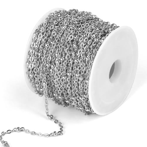 33 Feet Stainless Steel Satellite Chain Bulk, 2mm 304 Stainless Steel Chain Flat Cable Link Beaded Satellite Chains Bulk for Jewelry Making DIY Craft - color: Stainless Steel Small Beads Satellite Cable Chain