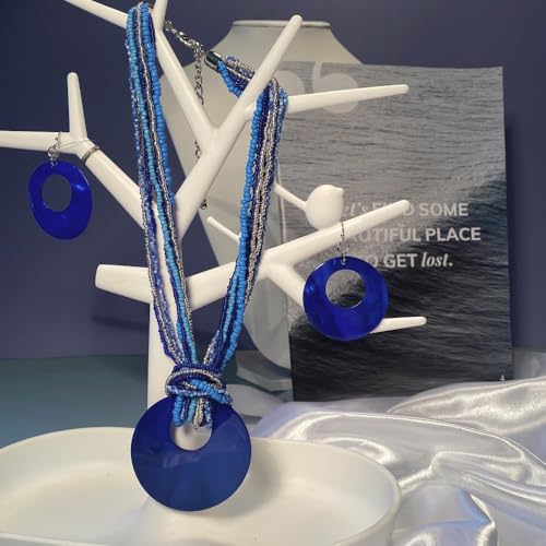 Coiris Multi Strand Statement Colorful Beaded Necklace with Big Circle Shell Pendant for Women - color: Royalblue